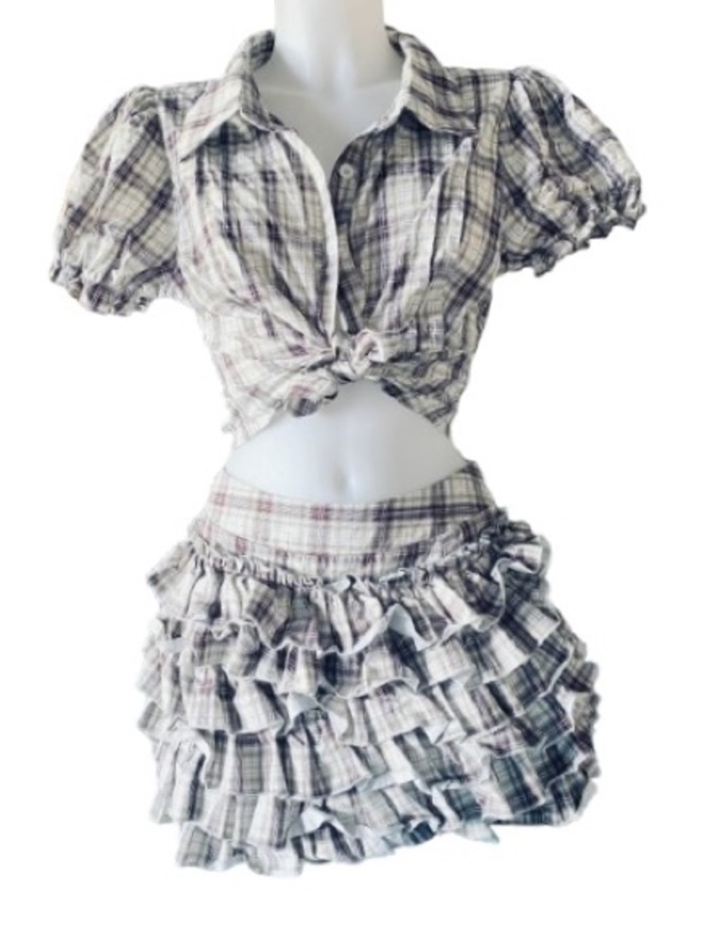 Boolibyoo Plaid Two-Piece Short Sleeve Tie Top Tiered Ruffle Mini Skirt Set 2XL